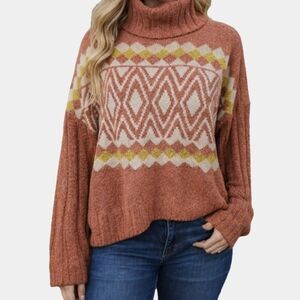 So Long Sleeve Rust Modern Argyle Boxy Turtleneck Crop Fit Sweater Size XL